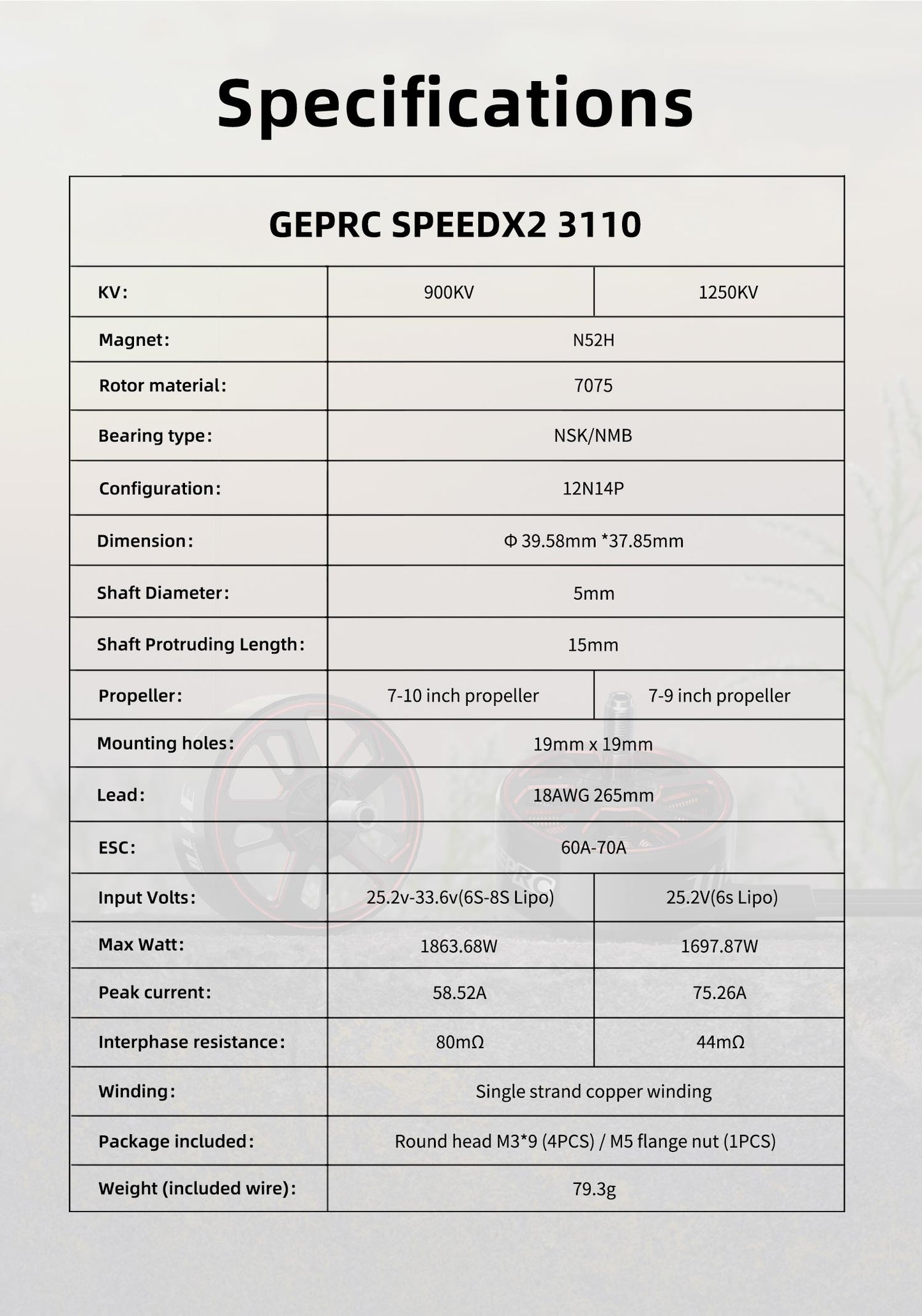 GEPRC SPEEDX2 3110 900KV/1250KV Motor